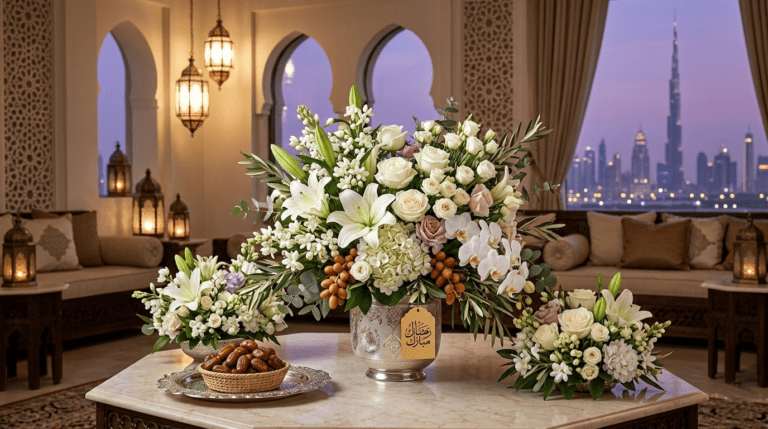 Beautiful Ramadan flowers featuring tulips, orchids, and roses used for gifting and home decoration in the UAE