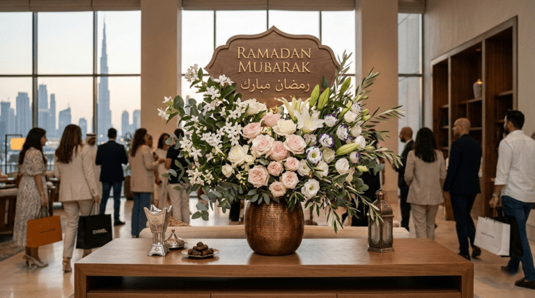 Ramadan Mubarak floral display with premium flowers and festive Islamic decor in Dubai, United Arab Emirates