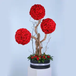 A luxurious tree type centerpiece with150 red roses arranged in round shape in three branches.