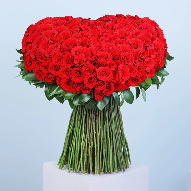01 250 long stem red roses surrounded by leaves arranged in a heart-shaped bunch