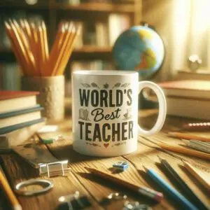A mug with the words "World's Best Teacher" surrounded by school supplies on a desk