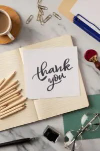A thank you on a open notebook