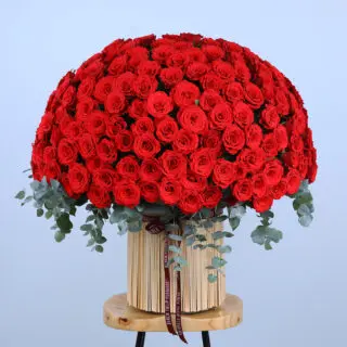 A luxurious gift of love: a massive bouquet of 300 red roses in a woven basket with eucalyptus accents.