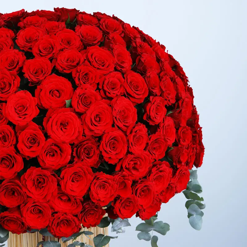 02 - Crimson Elegance Rose Box Elegant box of red roses and eucalyptus for a romantic gift.