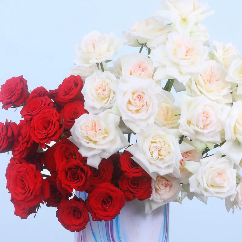 02 - Marble Luxe Rose & O'Hara Delight Elegant marble box with red and white O'Hara roses.