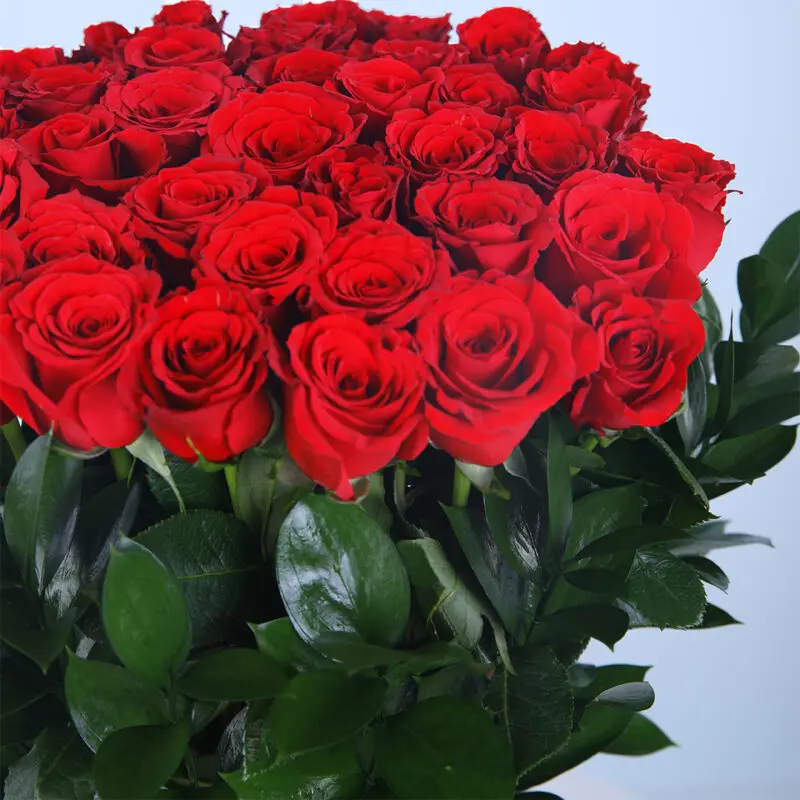 03 - Timeless Red Roses Flower Box of 30 red roses and green leaves.