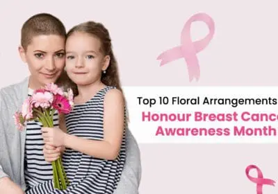 A small, colorful bouquet of flowers being given to a woman as a gift, symbolizing her survival of breast cancer.