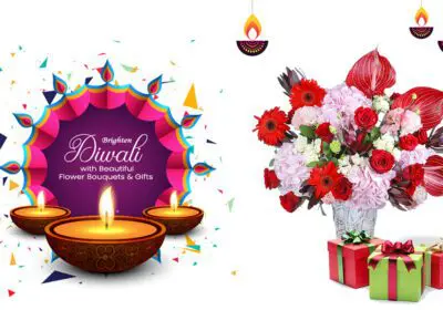 A Diwali-themed image featuring colorful diyas, a vibrant flower bouquet, and gift boxes. The text "Brighten Diwali with Beautiful Flower Bouquets & Gifts" is also included.