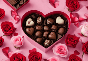 A heart-shaped box of chocolates surrounded by red and pink rose petals.