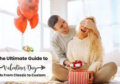 The Ultimate Guide to Valentine's Day bannerA couple excitedly opening a gift together