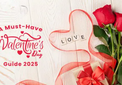 Valentine's Day Guide 2025 banner featuring romantic roses, gifts, and more!