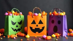 Three Halloween-themed paper bags with jack-o'-lantern faces, filled with colorful candies