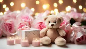 A teddy bear sitting amidst a bouquet of pink roses, with a gift box and lit candles nearby. The background is adorned with warm, twinkling lights.