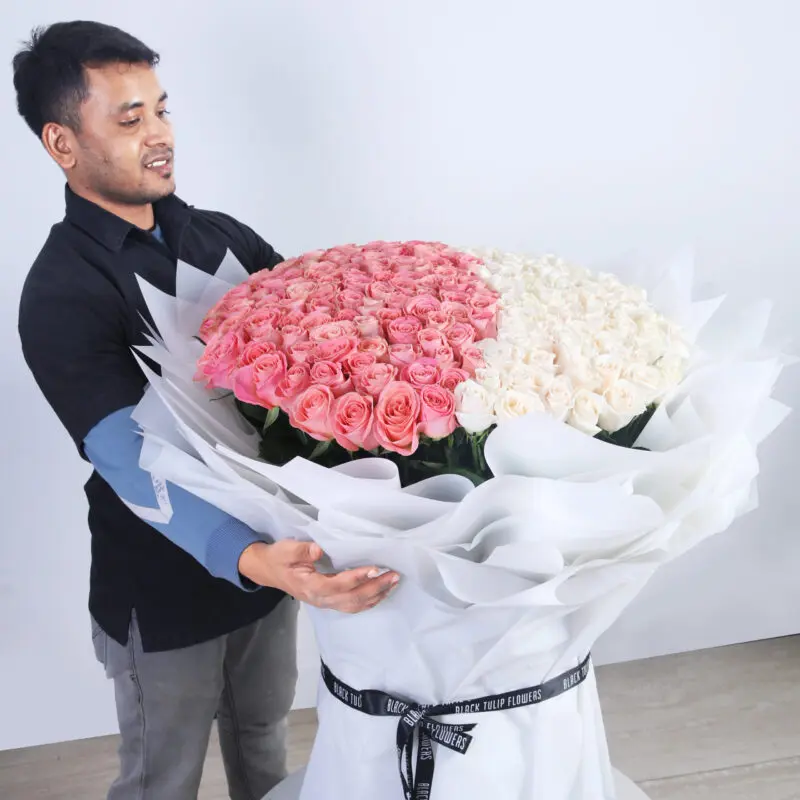 A bouquet of 200 roses, featuring half pink and half white roses, arranged in a white wrap and tied with a black ribbon.
