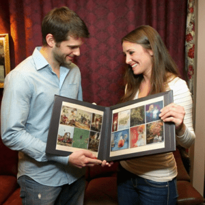 A couple stands together, holding a framed image that represents their love story in a personalized photo book.