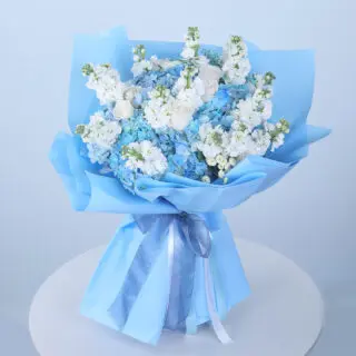 Bouquet with white Mathiola stems, blue Hydrangea stems, and white Roses, wrapped in blue and tied with ribbon.
