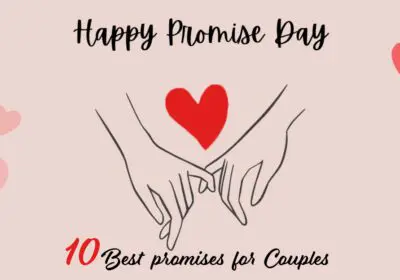 A graphic design with the text "Happy Promise Day" written in a stylish font. Two hands are holding a red heart in the center, symbolizing love and commitment. Small pink hearts are scattered around the image. The text "10 Best Promises for Couples" is written below the image.