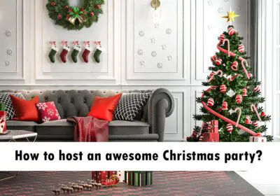 A beautifully decorated living room for Christmas. A large Christmas tree adorned with ornaments and lights stands in the corner. A cozy sofa with red and white pillows is placed in front of the tree. The room is decorated with Christmas wreaths, stockings, and other festive decorations. The text "How to host an awesome Christmas party?" is displayed at the bottom of the image.