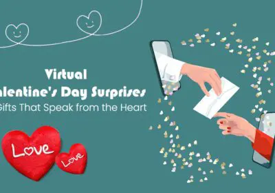 A vibrant illustration depicting a virtual Valentine's Day celebration. Two hands, emerging from smartphone screens, exchange a love letter amidst a shower of tiny hearts. The phrase "Virtual Valentine's Day Surprises" and "E-Gifts That Speak from the Heart" are prominently displayed, highlighting the theme of digital love and connection.