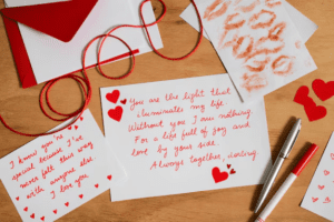 A collection of handwritten love letters on a wooden table. The letters are decorated with hearts, kisses, and red string. The text on the letters expresses deep feelings of love and affection.