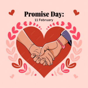 Two hands holding each other within a large red heart. The background is a light pink with small hearts scattered around. The text "Promise Day: 11 February" is displayed at the top.