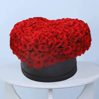 Heart-shaped arrangement of 300 red roses arranged in a stylish black box.