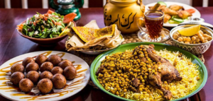 A table spread with a variety of Emirati dishes, including a large platter of chicken machboos with yellow rice and chickpeas, a plate of fried kibbeh balls, a plate of flatbreads, a bowl of green salad, and a pot of Arabic tea.