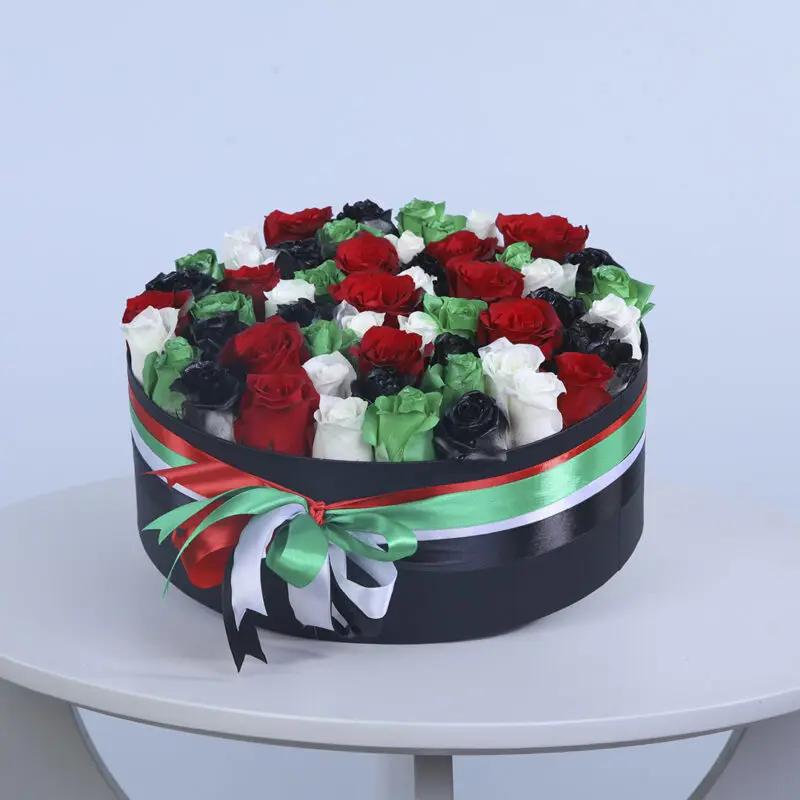 uae-flag-coloured-roses-black-box-tied-ribbons uae flag coloured roses black box tied ribbons