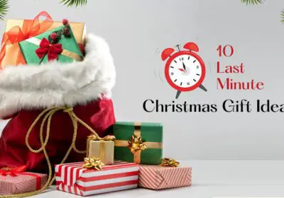 A red Santa Claus sack filled with wrapped Christmas presents. A red alarm clock is placed next to the sack, and the text "10 Last Minute Christmas Gift Ideas" is displayed above.