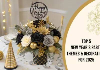 A festive New Year's Eve table setting with a centerpiece featuring black and gold flowers, ornaments, and a "Happy New Year 2025" sign. Golden party hats and confetti complete the festive look. The text "Top 5 New Year's Party Themes & Decorations for 2025" is overlaid on the image.