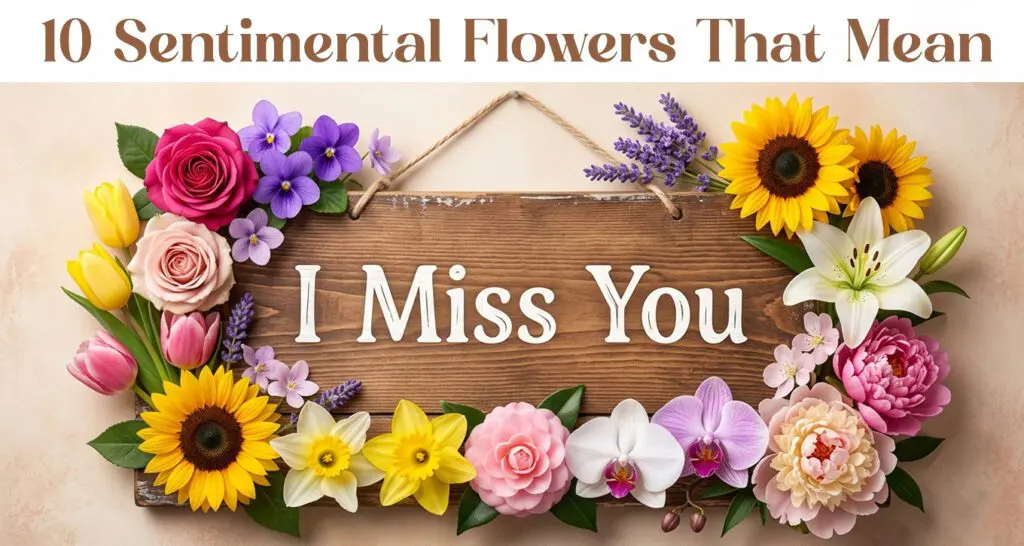10 sentimental flowers on a light background with stylish text ‘I Miss You’, symbolizing love, longing, and heartfelt emotions.