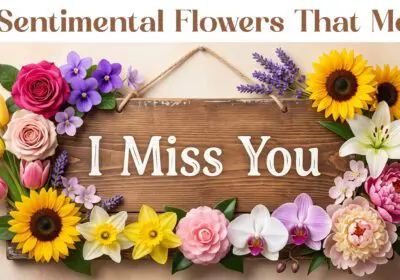 10 sentimental flowers on a light background with stylish text ‘I Miss You’, symbolizing love, longing, and heartfelt emotions.