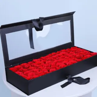 Valentines Day Home 70 Luxury black box with premium red roses with a transparent lid.