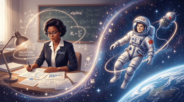 Woman astronaut looking at Earth from space, highlighting female contributions to space travel