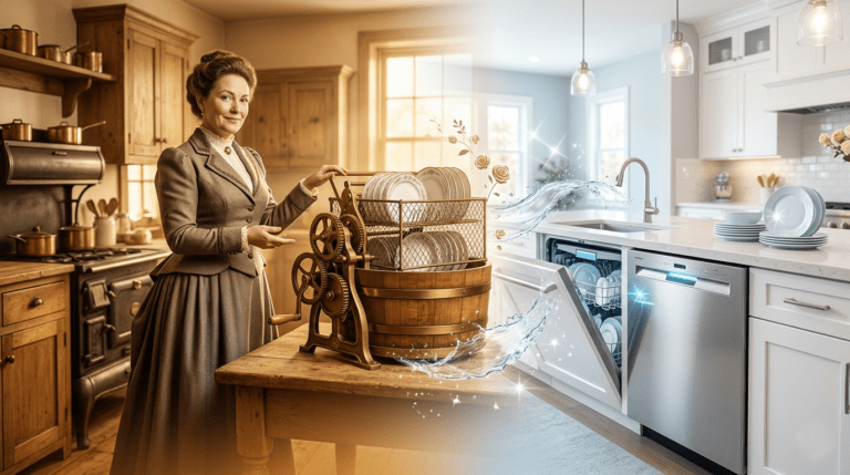 Creative visual of a modern dishwasher linked to a woman inventor, showing innovation in home convenience