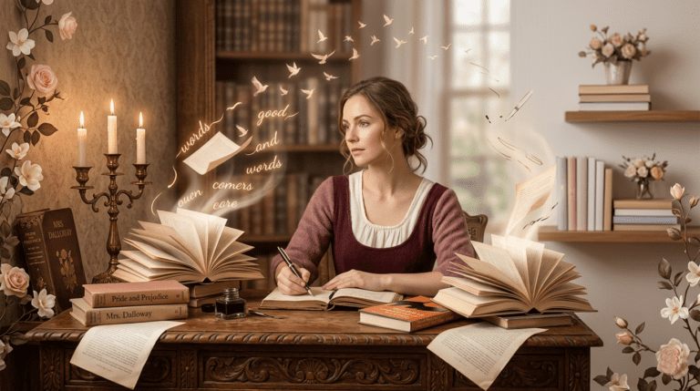 Woman surrounded by books, representing inspiring female writers and their voices