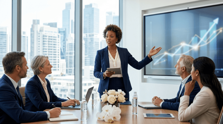 Professional woman leading a business meeting, symbolizing women in leadership