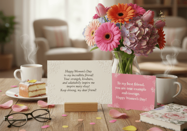 Heartfelt Women’s Day message card for friends with floral design, celebrating friendship, strength, and empowerment