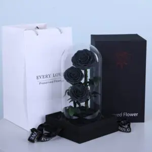 Three Black Forever Roses in a glass dome