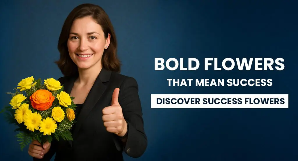 A successful working woman in suit showing thumbs up and holding a sunflower bouquet on the other hand