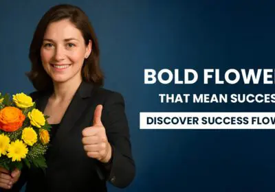 A successful working woman in suit showing thumbs up and holding a sunflower bouquet on the other hand
