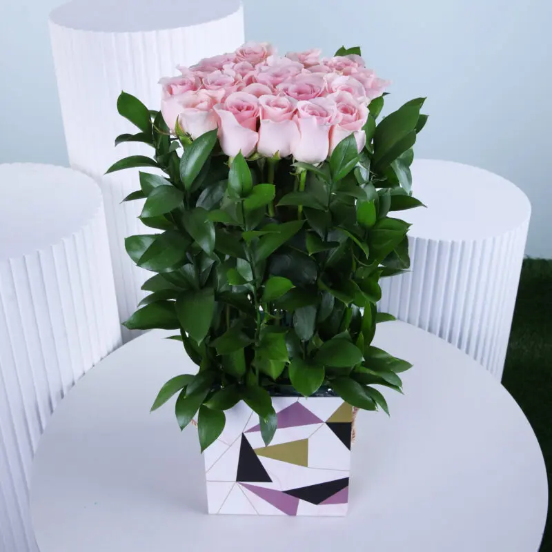 blush-boxed-pink-roses Graceful pastel pink roses arranged in a floral bag with ruscus leaves