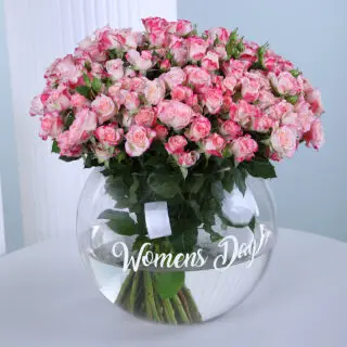 A bouquet of fresh 50 pink baby roses wrapped elegantly in a white paper and tied with a black knot.