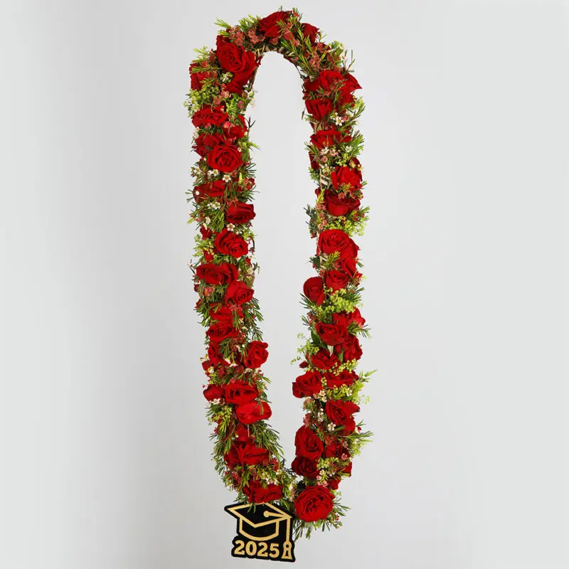 graduation-red-rose-garland A long garland made of red spray roses and small red wax flowers, with a graduation cap charm displaying "2025" attached at the bottom.
