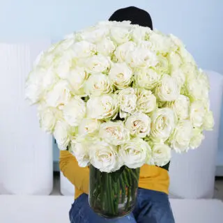 A grand bouquet of 100 pristine white roses with visible green stems, neatly gathered with a natural fabric and elegantly arranged in a tall, clear glass cylindrical vase.