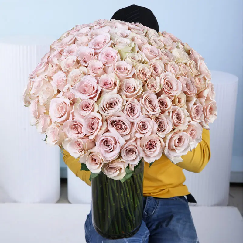 cream-rose-vase A bouquet of 100 soft cream or light ivory roses with visible green stems, arranged in a vase tied together with a natural-colored fabric.