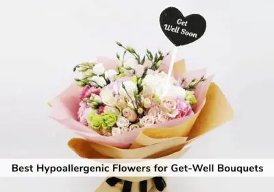 Soft pastel bouquet of roses, peonies, tulips, hydrangeas, and snapdragons wrapped in kraft paper, topped with a small “Get Well Soon” heart pick.
