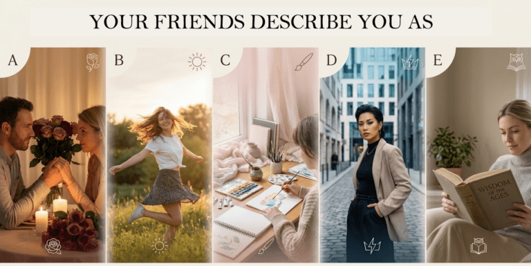 A cheerful collage illustrating different personality traits through expressive characters and icons, symbolizing how friends describe someone such as kind, funny, confident, and supportive