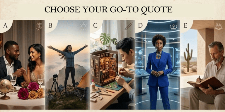 A visually appealing collage featuring inspirational quotes in stylish fonts, arranged on soft pastel or floral backgrounds, representing different personality vibes and moods