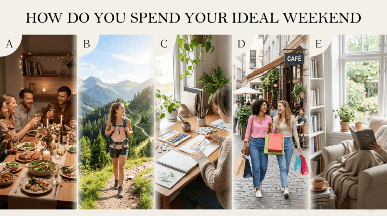 A cozy and lively collage showing different weekend activities like relaxing at home, traveling, reading, and spending time with friends, representing various ways people enjoy their ideal weekend.